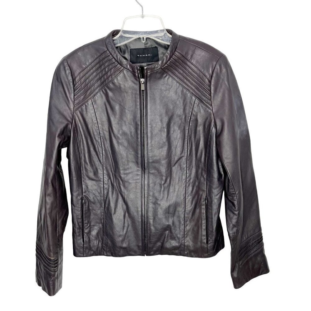 Tahari Gray Genuine Leather Zip up Moto Jacket Blazer Woman's Size Medium
